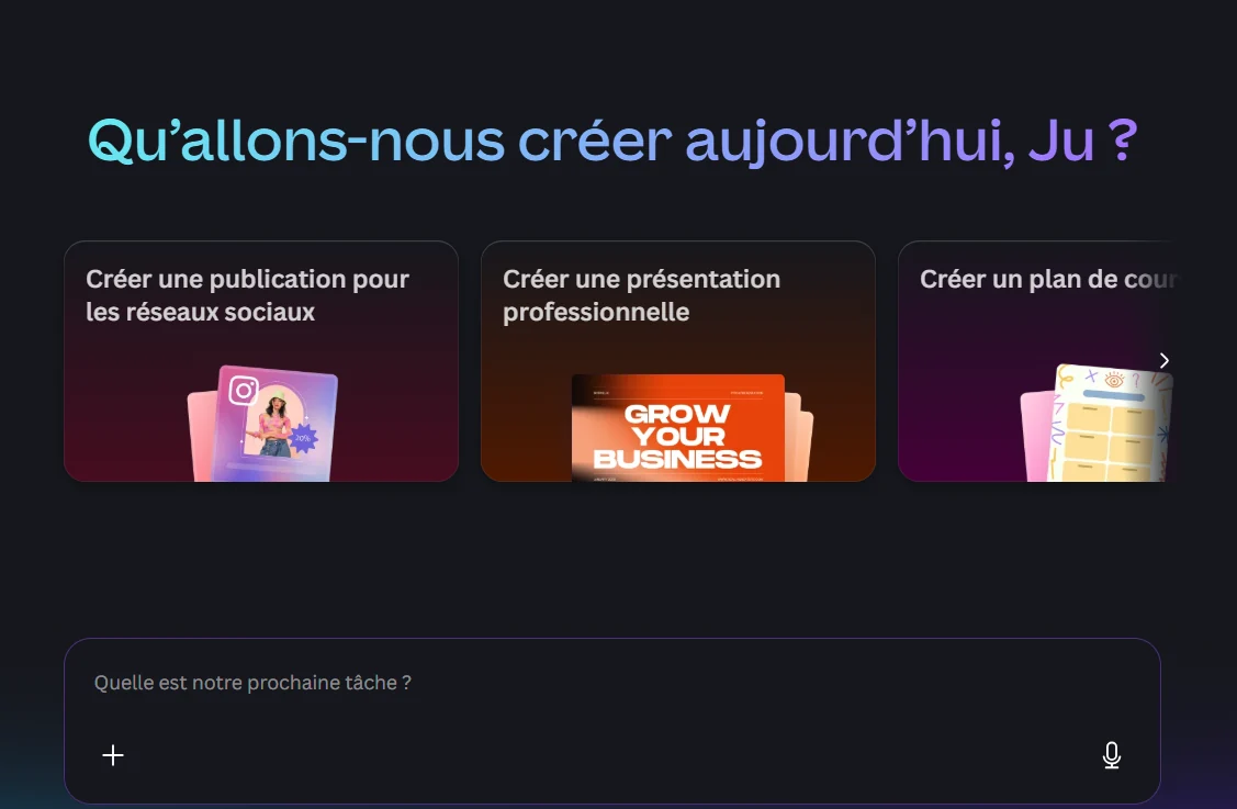 Assistant Canva proposant de créer une publication, une présentation professionnelle ou un plan de cours